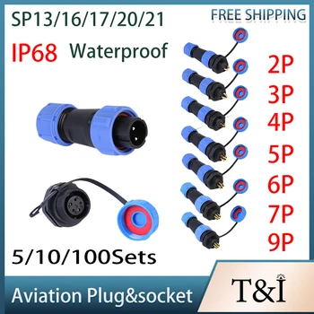 5/10/100Set SP13 SP16 SP17 SP20 SP21 Panel Mount Aviācijas Kontaktligzda 2P-12P ar Fiksētu Tipa Plug&Socket IP68 Ūdensnecaurlaidīga Metināšanas Vadu
