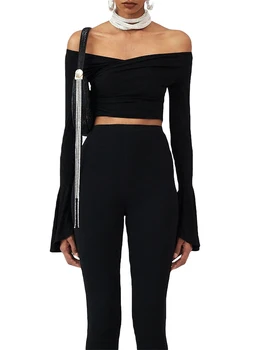 Sievietēm s Y2K Crop Topi Stilīgs Off-Plecu Backless Tees ar garām Piedurknēm - Slim Fit T-Krekls ir Elastīgs un Moderns Blūze