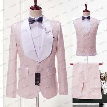 Ziedu Žakarda Elegants Uzvalki Vīriešu Kāzu Līgavainis Slim Fit Rozā Vīriešu Uzvalku Džentlmenis Modes Gadījuma 3 Gabals Vīriešu Apģērbs