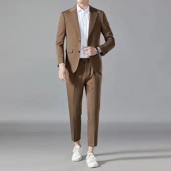 Elegants Vīriešu Uzvalki Modes Biznesa Ikdienas Žakete Augstas Formālās Brūns Mētelis, Kleita Kāzu Puse ( Jaka + Bikses ) 2 Gab. Komplekts