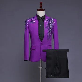 Vīriešu Stand Apkakli Dimanta Inkrustēts Tērpi Uzņēmēja Posmā Spalvu Ziedu Izšuvumi Uzvalks Modes Izsmalcinātu Dāsna, Kāzu Vīriešu Žakete