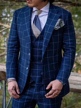 Skaists Tumši Zila Slim Pārbaudīt Pleds Vīriešu Uzvalki Līgavainis Kāzu Tuxedos 3 Gabali Komplekts Vīriešu Biznesa Tuxedos Terno Masculino