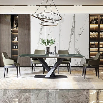 Gaismas luksusa masīvkoka garā galda vienkāršām sadzīves mūsdienu dabas marmora pusdienu galda, galds un krēsls, mēbeles