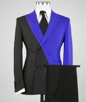 2022. gadam, Modes Dubultā Krūtīm, pieguļoša Melna Royal Blue Vīriešu Uzvalku Formālās 2 Gabals Pielāgotu Vīriešu Uzvalku Līgavainim Kāzu Uzvalku
