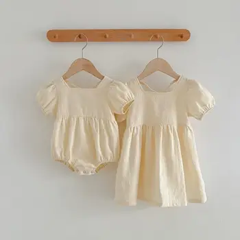 2023 Vasaras Gadījuma Brīvs Kleita Baby Meitenes Bērniem, Vienkāršu Kokvilnas Romper Bērniem Vintage Cute Drēbes Dvīņu Māsa Matching Apģērbs