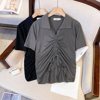 XL-4XL Liela Izmēra Shirring Aukliņu T-krekls Sieviešu Vasaras Lielajam Īstermiņa piedurknēm Topi Savukārt Apkakle Zaudēt Cietā Šiks Tshirt