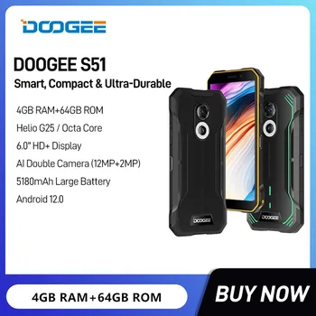 DOOGEE S51 Izturīgs, Ūdensnecaurlaidīgs Viedtālruņu 12 mp izšķirtspēja AI Dubulto Kameru Octa Core 4 GB +64GB 6.0 Collu HD 5180mAh Baterija, NFC Mobilie Telefoni