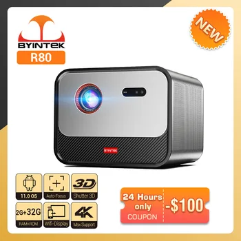 BYINTEK R80 Full HD 3D 4K 300inch Kino AI Lāzera Auto Fokusu Android Smart WiFi Portatīvo LED DLP Video Projektors Mājas kinozālei
