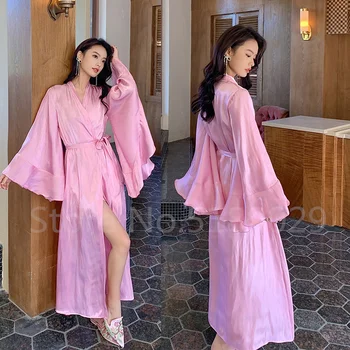 Rozā Ultra Garo Kimono Drēbes Sievietēm, Kāzu Peldmētelis Sexy Izlīdzināšanu Piedurknēm Nakts Kleita Līgava Sleepwear Vasaras Brīvdienu Mājas Kleita
