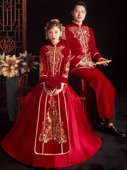 Mūsdienu Red Izsmalcinātu Sequin Cheongsam Austrumu Tradicionālie Izšuvumi Qipao Ķīniešu Stila Kāzu Kleita