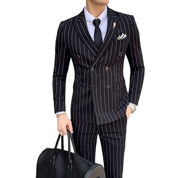 ( Žakete + Veste + Bikses ) Modes Svītrainām Oficiālas Uzņēmējdarbības Vīriešu Tērps 3-Gabals, Kas Līgavainis Kāzu Kleita Parādīt Tērps, Melns/Pelēks/Tumši