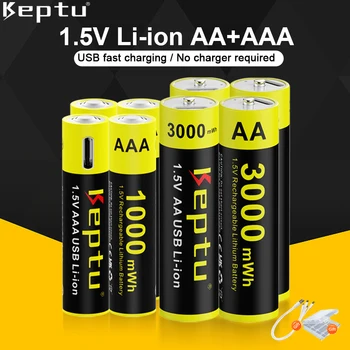 1,5 V AA+AAA Uzlādējamas litija USB baterijas 1,5 V AA 3000mWh / AAA 1000mWh Li-ion baterijas rotaļlietas tālvadības pults + Vads