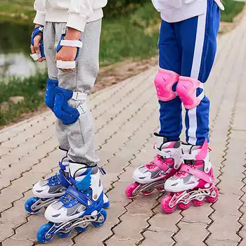 Bērniem skrituļslidām Kurpes Komplekti Izmērs Regulējams triecienizturīgs, izgaismojas Riteņi Inline Roller Skate Kurpes ar Ķiveri Aizsargs