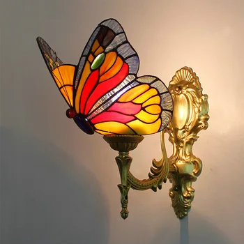 Tiffany Eiropas Baroka Vintage Sienas Lampas Guļamistabas Eju Koridorā Vitrāžas Abažūrs Tauriņš Gaismas