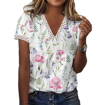 Elegants Ziedu Drukāt Lakrosa Sieviešu Modes Piepilsētas T-Krekls Vasaras V Kakla Līmēšana Īsām Piedurknēm Sieviešu Slim Fit Ikdienas Ikdienas Topi