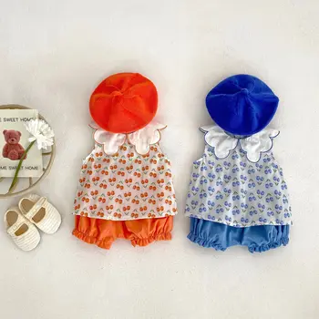 2023 Vasaras Kids Bērnu Apģērbu Komplekti Modes Ziedlapiņu Apkakles, Piedurknēm Topi+Šorti Toddler Meitenēm Tulpju Drukāt Veste Divas Gabals Kostīmi