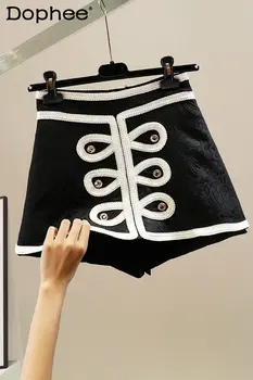 Etniskās Retro Stila Krāsu Kontrastu Raibs Wide-Leg - Line Bikses Sievietēm Culotte Žakarda Tehniku, Melni Svārki Šorti Pavasara