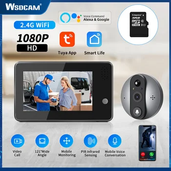 Wsdcam Tuya WiFi Bezvadu Durvju zvans Acu Peephole Kamera 4.3 Collu 1080P HD PIR Night Vision Durvju Zvans, Āra Monitors Smart Home
