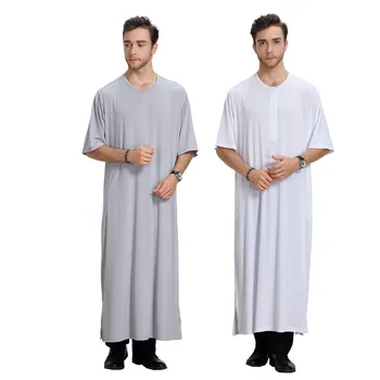 Balta, Pelēka O-veida kakla Vīriešu Musulmaņu Drēbēs ar Īsām Piedurknēm Saūda Arābu Kaftan Islāma Dubaija Ramadāna Jubba Thobe