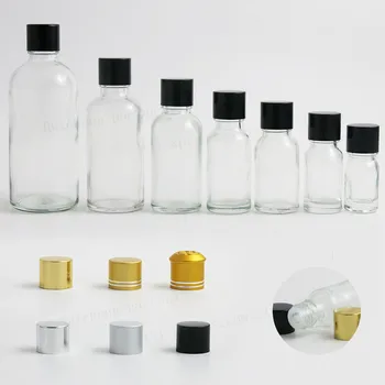 200 x 5ml 10 ml 15ml 20ml 30m 50ml 100 ml caurspīdīga stikla ēteriskās eļļas pudele ar alumīnija vāki stikla ēteriskās eļļas tvertnes
