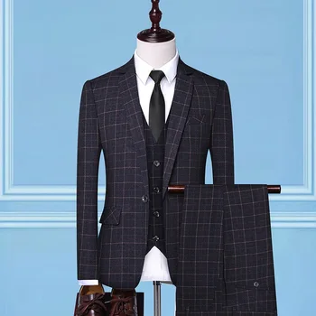 Jaunu 2023( Žakete+Veste+Bikses)Līgavainis Kāzu Kleitu Uzņēmējdarbības Gadījuma Pleds Uzvalks 3 Gabals Vīriešu Formālu Modes Biznesa Slim Fit Uzvalku