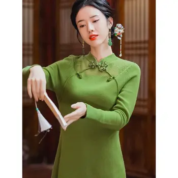 Ķīniešu Stilā Vintage Cheongsam Kleita Retro Ao Dai Kleita Sievietēm Zaudēt Žakarda Trikotāžas Kleita Zaļā Tradicionālo Qipao Kleita