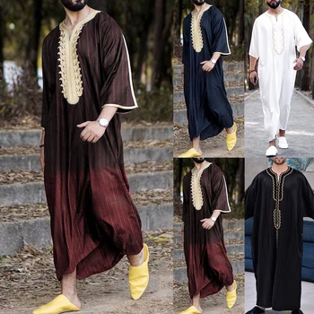 Musulmaņu Vīriešu Jubba Thobe Garām Piedurknēm Islāma Apģērba Iespiests V-Veida Kakla Kimono Drēbes Abaya Caftan Dubajas Arābu Kleita Krekli
