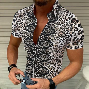 Jauns Vīriešu krekls Modes svītrainām drukāt īsām piedurknēm T-krekls Vasaras leopards drukāt krekls Vīriešu atloks pogu ikdienas krekls vīriešu receklis