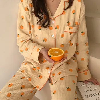 Kawaii Sieviešu Pidžamas Komplekts Kokvilnas 2Piece Sleepwear Apelsīnu Mājas Tērps Sievietēm Jaukām Pavasara Pidžamas ar garām Piedurknēm Pijamas Komplekti Naktsveļu