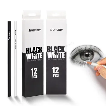 12-2gab Melni Baltā Krāsu Zīmuļi - Pastāvīgu Krāsas Zīmēšanai ar Zīmuli, uz Eļļas bāzes Koka Krāsu Zīmuļus Mākslinieks un Mākslas Iesācējs