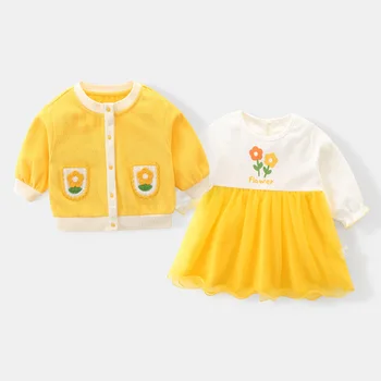2023 Pavasara Rudens Uzvalku Komplekti Bērnu Meitenēm, Bērniem, korejas Modes Dzeltena Jaciņa + Print Tilla Kleitas Jaundzimušajiem Kokvilnas Kombinezonus