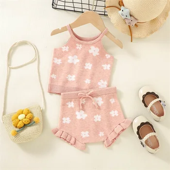Toddler Cute Baby Meiteņu Apģērbu Komplekti, Vasaras Apģērbs Bez Piedurknēm Cilpas Veste + Ziedu Bikses Bērniem, Bērnu Modes Apģērbi