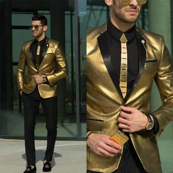 Modes Gold Vīriešu Uzvalki Satīna Šiks Iecirtums Atloks, Viena Krūšu Jaka Kāzu Svinības, Balles Ikdienas Pasūtījuma Uzvalks, Smokings Slim Gabals 2