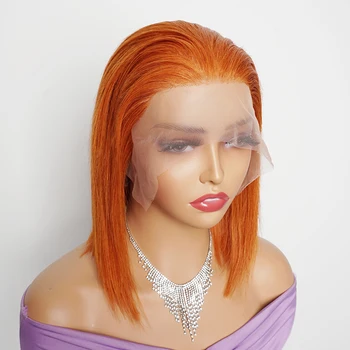 #350 Ingvers Krāsu Īss Bobs Parūka 13x4 Frontālās Mežģīnes Parūkas Vidējā Daļa Pre-krāsainu Apelsīnu Indiešu Remy Human Hair Extension KissHair