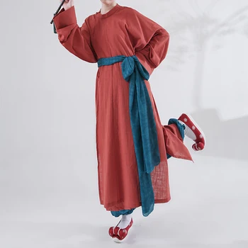 Kokvilnas Veļa Ķīnas Hanfu Drēbes Apaļu Kakla Drēbes Midi Losse Kleita Tang Dynasty Ilgi Stila Mērci Plus Lieluma Vasaras