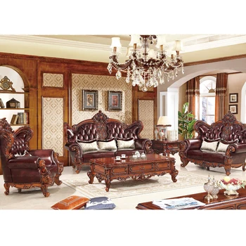 Eiropas stila īstas ādas cieta koka griešanai liela dzīvojamā istaba villa dīvānu komplekts luksus mēbeles