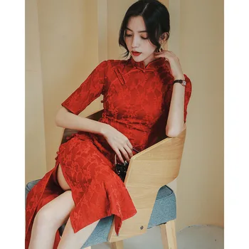 Kāzu Red Qipao Vakara Kleitas Mežģīnes Cheongsam Saderināšanās 2022 Jauno Gara Modes Retro Drēbes Sievietēm, Tradicionālā Ķīniešu Kleita