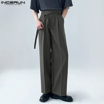 INCERUN 2023 korejiešu Stila Vīriešu Stāvi Zaudēt Vidukļa Virves Pantalons Modes Vīrietis Cietā Augsts Viduklis, Maza Plaša Kāju Bikses S-5XL