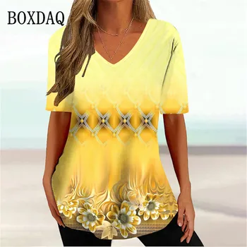 V-veida Kakla Sieviešu T-Krekls Vasaras Īsām Piedurknēm Džemperis T Krekls Sievietēm Gadījuma Slīpums Ziedu Sieviešu Apģērbu New Tee Kreklu 2023