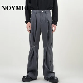 NOYMEI Plaša Kāju Taisni Uzvalku Bikses vienkrāsainu Visu maču Mopping Bikses Vīriešu Šiks Gadījuma Pogu Apdares Nišas Dizaina WA1560
