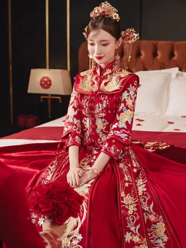 Sievietes Kāzu Kleita Ķīniešu Stilā Tang Uzvalks Phoenix Izšuvumi Cheongsam Līgavas Apģērbu Qipao Grauzdiņš Kleitas