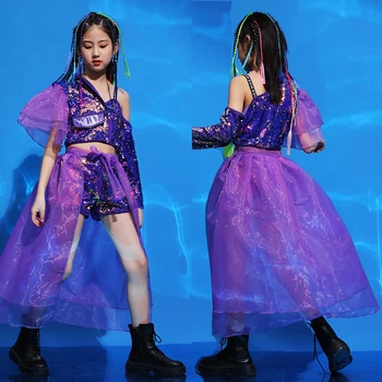 Bērniem Violeta Vizuļi Acs Svārki Hiphop Tērps Meitenēm Modes Skatēs Modelis Skatuves Tērpiem Džeza Sniegumu Drēbes DQS7144