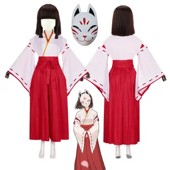 Genshin Ietekmes Kazari Masku Kostīmu NPC Maskas Ragana Hanachirusato Cosplay Vienotu Kimono Miko Masku Halloween Sieviešu Apģērbs