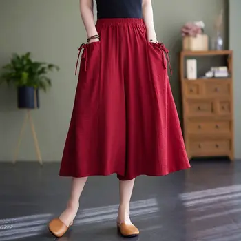 Sieviešu Apģērbu Vasaras Jaunas Temperamentu Modes Gadījuma Visas spēles Zaudēt Lielgabarīta vienkrāsainu Augsta Vidukļa Vintage Plaša Kāju Bikses