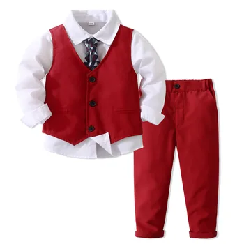 Zēni Boutique Banketa Apģērbu Komplekts Sarkanā Veste Bikses, Baltu Kreklu ar Ģeometriskiem Elementiem, Tie Bērni, Modes Kokvilnas Apģērbs 1-5 Y