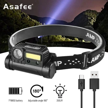 Asafee Spēcīgu Gaismas Sensoru Galvas Lampas LED+COB Ar Magnētu USB Uzlādes Mini Darba Gaismas Lukturi