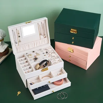 Trīs slāņu ādas rotaslietas uzglabāšanas kaste Daudzfunkcionāls auskari, rotaslietas lodziņā Vintage gredzenu uzglabāšanas kaste rotaslietas kaste