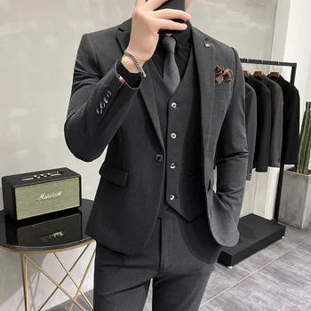 ( Žakete + Veste + Bikses ) Augstas klases Zīmolu Boutique Modes vienkrāsainu Mens Casual Biznesa Uzvalks 3Piece Komplekts Līgavainim Kāzu Kleita
