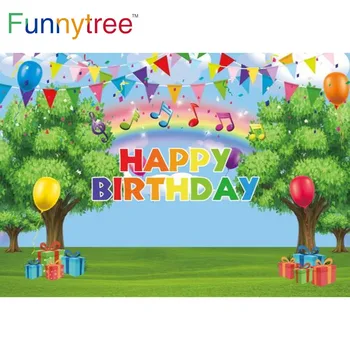 Funnytree Varavīksnes Dzimšanas Dienas Svinības Mākoni, Fonā Koki Karikatūra Punkti Balonu Mūzikas Banner Zāle Dāvanas Baby Dušas Fonu