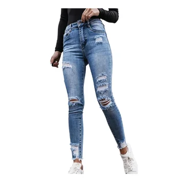 Sievietes Augsts Viduklis Kabatas, Elastīga Džinsa Bikses Ir 2021. Pavasara Slim Visu maču Vintage Jeans Classic Ripped Caurums Pogas Bikses Populārs